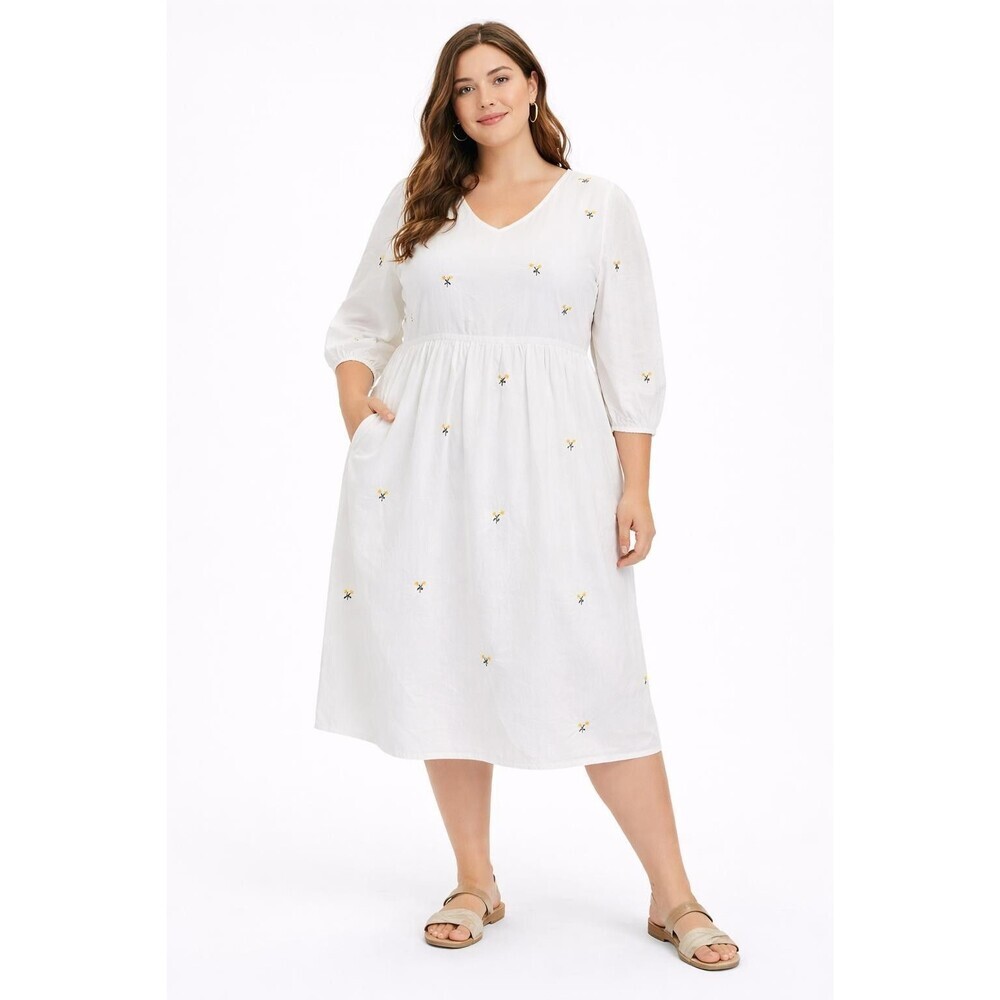 Polagram Dress 3XL Beige Floral Embroidered Lined Pockets Boho Midi